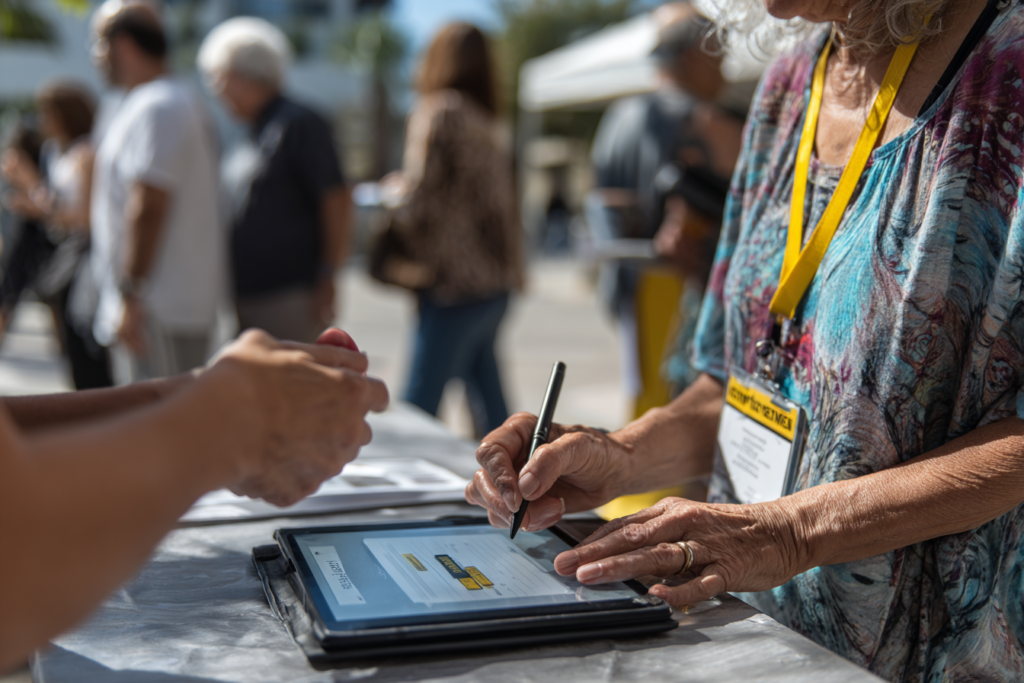 Un bénévole remplit un formulaire d’adhésion sur tablette lors d’un événement associatif, illustrant la collecte numérique et la participation sur le terrain.