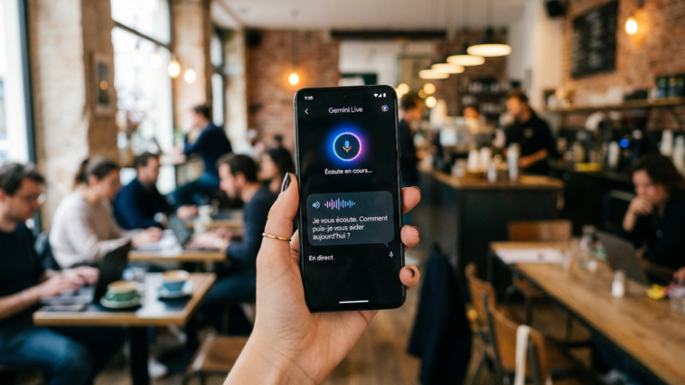 Main tenant un smartphone affichant l'interface vocale de Gemini 3.1 Flash Live dans un café animé en arrière-plan.
