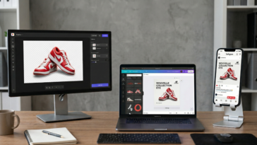 Un espace de travail moderne avec des écrans montrant le traitement de visuels sur Pixelcut Pro et Canva Magic Studio.