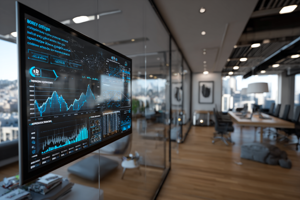 Écran financier transparent affichant graphiques de croissance, prévisions de revenus et reporting business en temps réel.