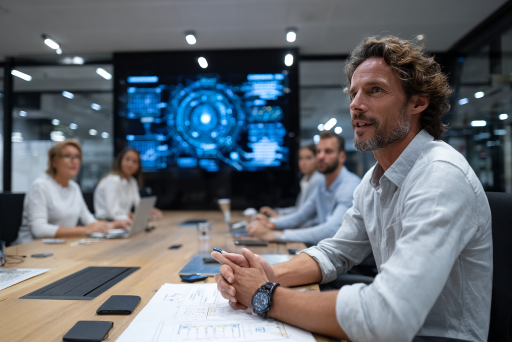 Réunion B2B dans une salle de conférence moderne avec un tableau numérique projetant un Loop Marketing dynamique, équipe en discussion stratégique, environnement high-tech réaliste.