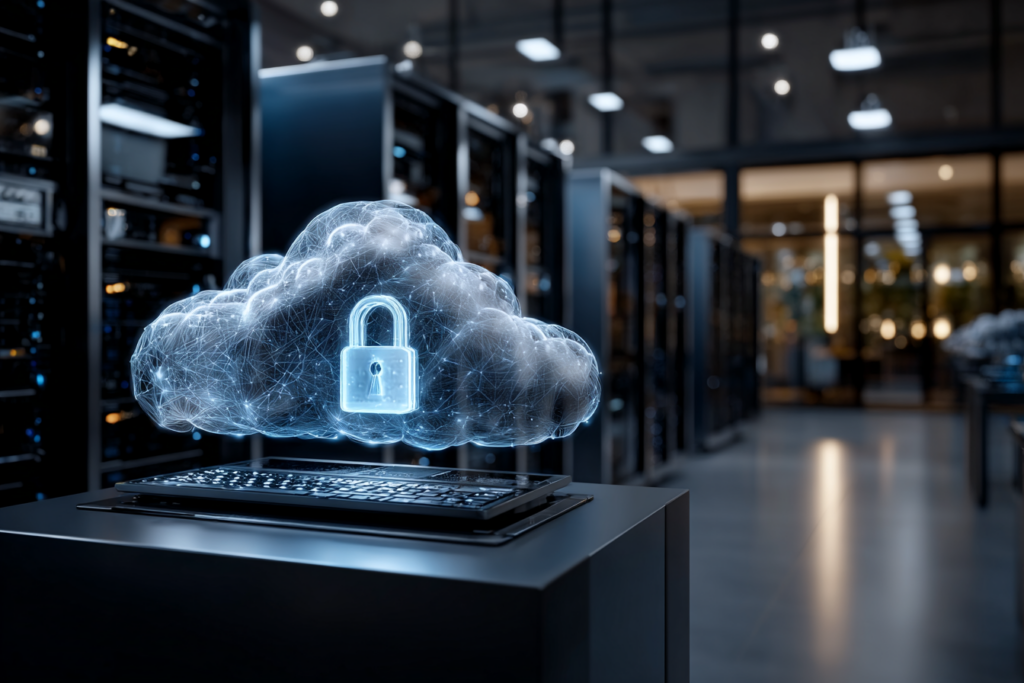 Serveur cloud financier moderne avec cadenas holographique protégeant des données clients dans un environnement bancaire technologique sécurisé.