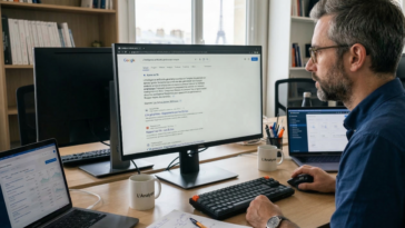 Un analyste SEO analysant un écran d'ordinateur pour illustrer le concept d'agentic SEO