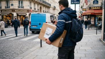 Livreur dans la rue tenant un colis pour illustrer l'arnaque au colis avec l'IA.