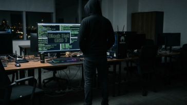 Hacker de dos en sweat à capuche noir dans un bureau sombre, regardant un écran d'ordinateur affichant 'Black Hat GEO ?' et du code informatique.