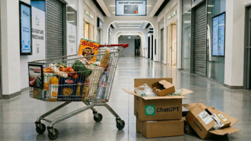 Un panier de courses à l'abandon illustrant le fait que ChatGPT renonce à devenir l'Amazon de l'IA.