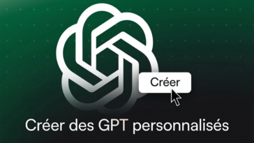 Interface avec logo OpenAI blanc sur fond vert, bouton Créer et texte Créer des GPT personnalisés.