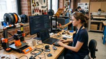 Jeune femme créant un objet en 3D avec une IA abliterated via l'ablidage