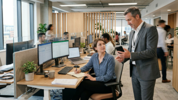 Interaction professionnelle en open-space symbolisant le flux d'informations et la collecte de données par l'IA.