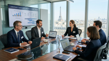 Réunion stratégique sur l'e-commerce B2B et l'IA dans un bureau moderne.