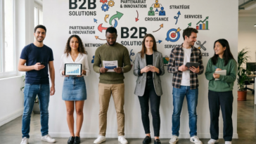 Jeunes professionnels de la Gen Z avec smartphones et tablettes devant un mur digital affichant le marketing B2B et des données d'IA.