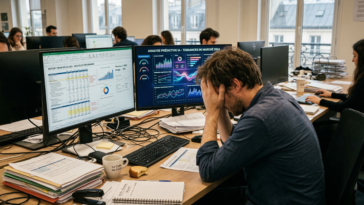 Employé de bureau stressé illustrant le paradoxe de la productivité moderne avec l'IA.