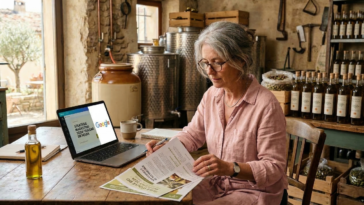 Femme européenne utilisant l’IA dans son entreprise, illustration du programme Google AI Works for Europe.