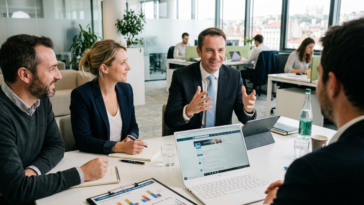 Réunion collaborative dans un bureau moderne où une équipe discute de stratégie devant un ordinateur affichant LinkedIn et des rapports d'analyse par IA.