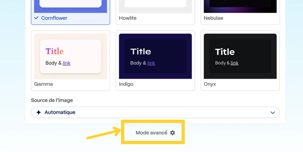 Activer mode avancé Gamma App AI