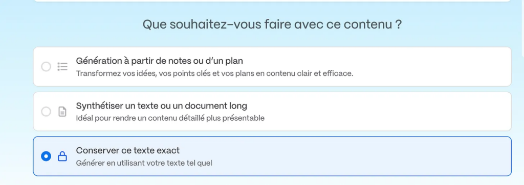 Mode Conserver ce texte exact Gamma App
