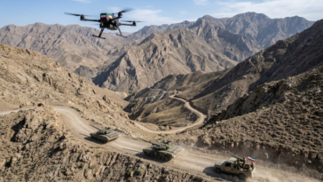 Drone autonome survolant un convoi militaire en Iran, illustrant la guerre moderne pilotée par l'IA