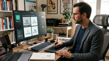 Un graphiste professionnel utilisant une tablette graphique pour créer des logos avec l'interface DALL-E dans un studio de design moderne.