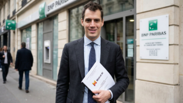 Arthur Mensch devant une banque pour illustrer la stratégie de Mistral AI dans la finance