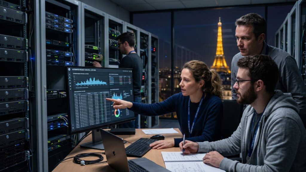 Des ingénieurs en cybersécurité devant un moniteur d'activité heuristique