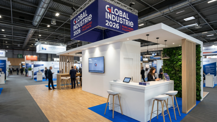 Stand d'exposition au salon Global Industrie de Paris, vitrine de la robotique industrielle française.