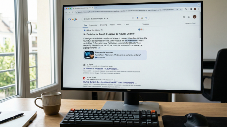 Écran d'ordinateur affichant une interface de moteur de recherche moderne où un résumé généré par IA surplombe les résultats du search organique, illustrant la logique de source unique.