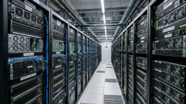 Data center moderne illustrant un supercalculateur d’IA en France.