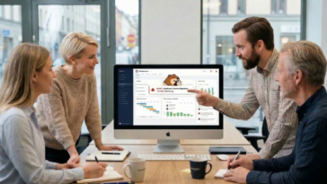 Équipe en réunion autour d’un bureau analysant l’interface WorkBeaver sur un ordinateur pour illustrer l’automatisation des tâches bureautiques