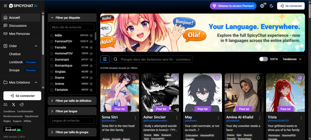 L'interface du SpicyChat.AI