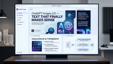 nterface "ChatGPT Images 2.0" sur un écran haute résolution, affichant une affiche, une bannière et des schémas techniques avec une typographie parfaitement nette