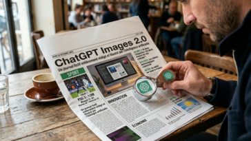 Un homme lisant le journal titré ChatGPT Images 2.0 avec une loupe.