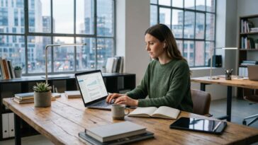 Une femme utilise Frase AI sur son ordinateur portable pour optimiser le contenu SEO dans son bureau moderne au crépuscule.
