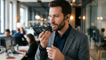Photographie réaliste d'un homme en tenue professionnelle utilisant l'IA vocale expressive Gemini 3.1 Flash TTS de Google