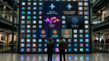 Deux personnes face à un mur d'écrans affichant une illustration de Gemini Enterprise Agent Platform.