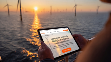 Image grand angle d'un parc éolien offshore au lever du soleil avec une tablette au premier plan affichant un tableau de bord CRM HubSpot de croissance verte, illustrant la gestion technologique dans le secteur de l'énergie.