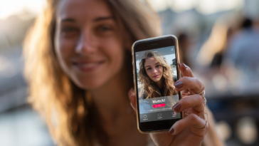 Gros plan sur un écran de smartphone affichant une notification de match Tinder avec un sourire de femme flou en arrière-plan.