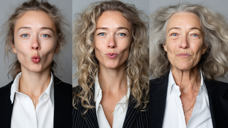 Composition triptyque montrant l'évolution d'une femme de l'enfance à la vieillesse avec un réalisme photographique.