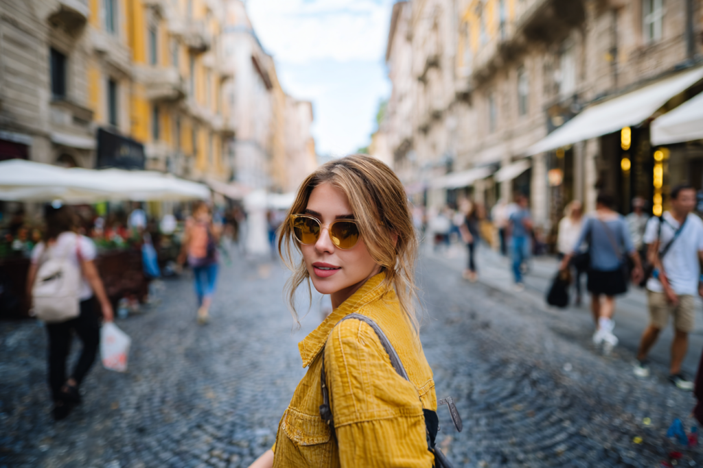 Femme élégante posant dans une rue pavée avec un arrière-plan flou professionnel mettant en valeur son visage et sa tenue.