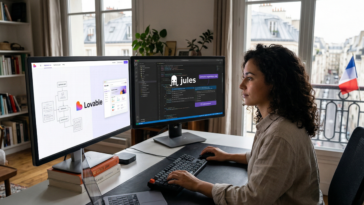 Une freelance française travaillant sur deux écrans affichant l'outil de design Lovable et l'outil d'analyse de code Jules de Google.