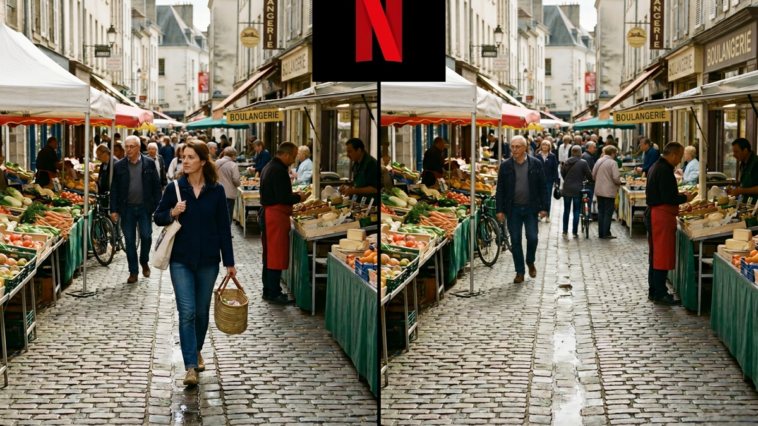 Comparaison split-screen réalisée avec VOID Netflix d'une rue de marché : une femme présente à gauche et disparue à droite dans une scène identique.
