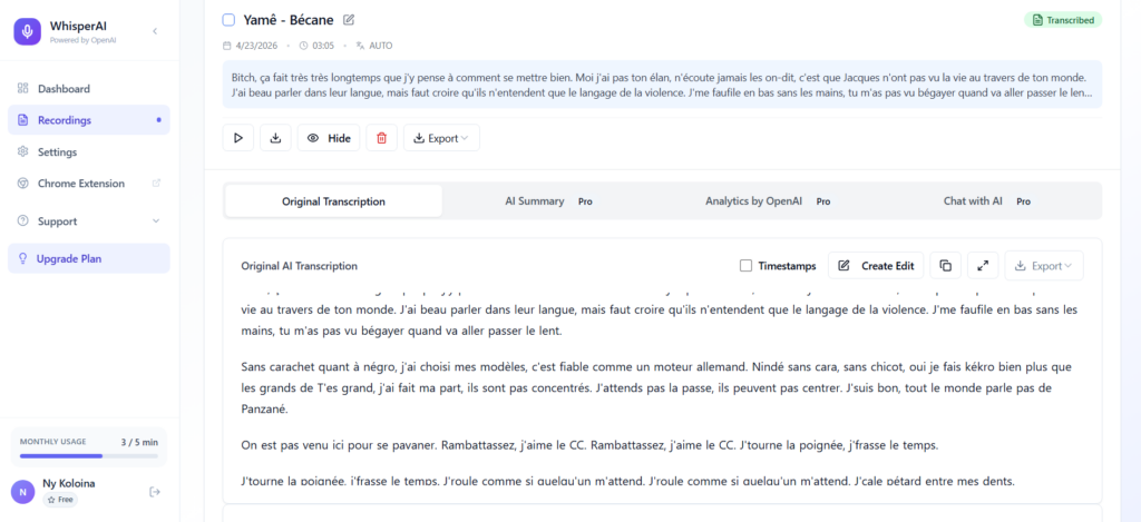 La transcription d'un fichier transcrit sur Whisper AI
