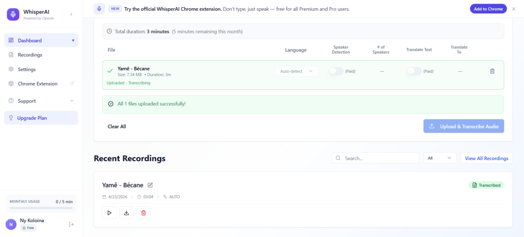 L'interface de Whisper AI après avoir uploader un fichier audio à transcrire