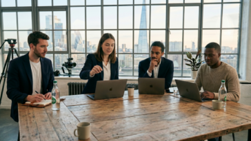 Réunion dans un bureau à Londres pour illustrer l'adoption de l'IA en entreprise.