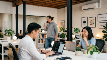 Des employés travaillant dans une agence d'externalisation hybride