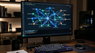 Écran d'ordinateur affichant un réseau complexe de nœuds connectés représentant des agents IA via LangGraph.