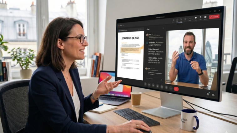 Vidéoconférence sur une plateforme SaaS intégrant des agents d'IA pour résumer un document stratégique.