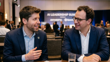 Sam Altman et Dario Amodei en plein discussion pour illustrer l'idée qu'Anthropic prévoit de dépasser les revenus d'OpenAI.