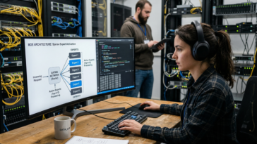 Ingénieure dans un centre de données devant un moniteur affichant un diagramme d'architecture MoE.