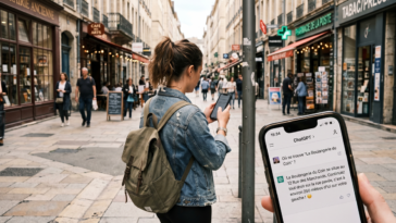 Image d'un écran dans la rue qui affiche une recherche sur ChatGPT