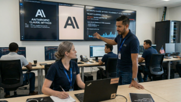 Centre opérationnel de cybersécurité moderne avec un grand écran affichant "Anthropic Claude Mythos".